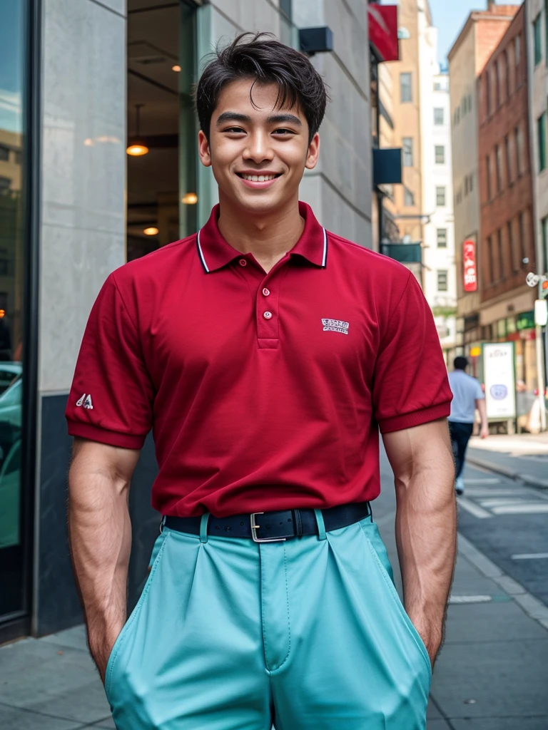 (best quality, 4K, 8K, high resolution, Masterpiece: 1.2), Special details, (realistically, As realistic as a photo, photo realistic: 1.37), Edge lighting, Extra detailed coloring, sharp focus, Physical rendering ,Extremely detailed description,professional,light color,Bokeh,Portrait,look at the viewer,
Young Asian man, 20 years old ,(Wear a crimson polo shirt.), smile