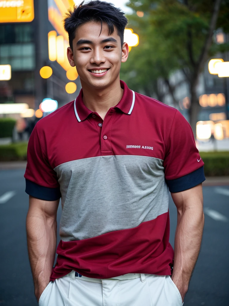 (best quality, 4K, 8K, high resolution, Masterpiece: 1.2), Special details, (realistically, As realistic as a photo, photo realistic: 1.37), Edge lighting, Extra detailed coloring, sharp focus, Physical rendering ,Extremely detailed description,professional,light color,Bokeh,Portrait,look at the viewer,
Young Asian man, 20 years old ,(Wear a crimson polo shirt.), smile