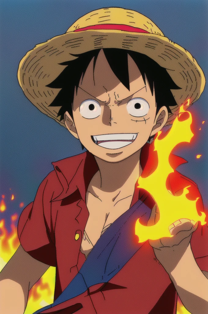 1boy, wanostyle, monkey d luffy, smiling, straw hat, looking at viewer, solo, upper body, ((masterpiece)), (best quality), (extremely detailed), depth of field, sketch, dark intense shadows, sharp focus, soft lighting, hdr, colorful, good composition, fire all around, spectacular, closed shirt, anime screencap, scar under eye, ready to fight, black eyes