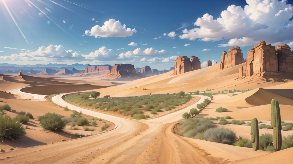 (desert :1.2),road ,(รถวิ่งบนroad:1.2) landscape:1.5 ,(Many cars:1.2)