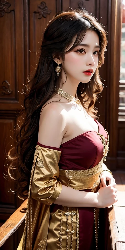 (best quality), girl,oriental detailed background, oriental cityscape, steampunk, miko