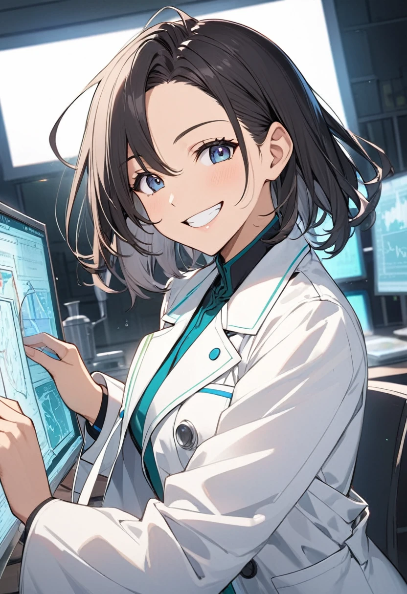 An anime scientist is wearing a white coat and grinning