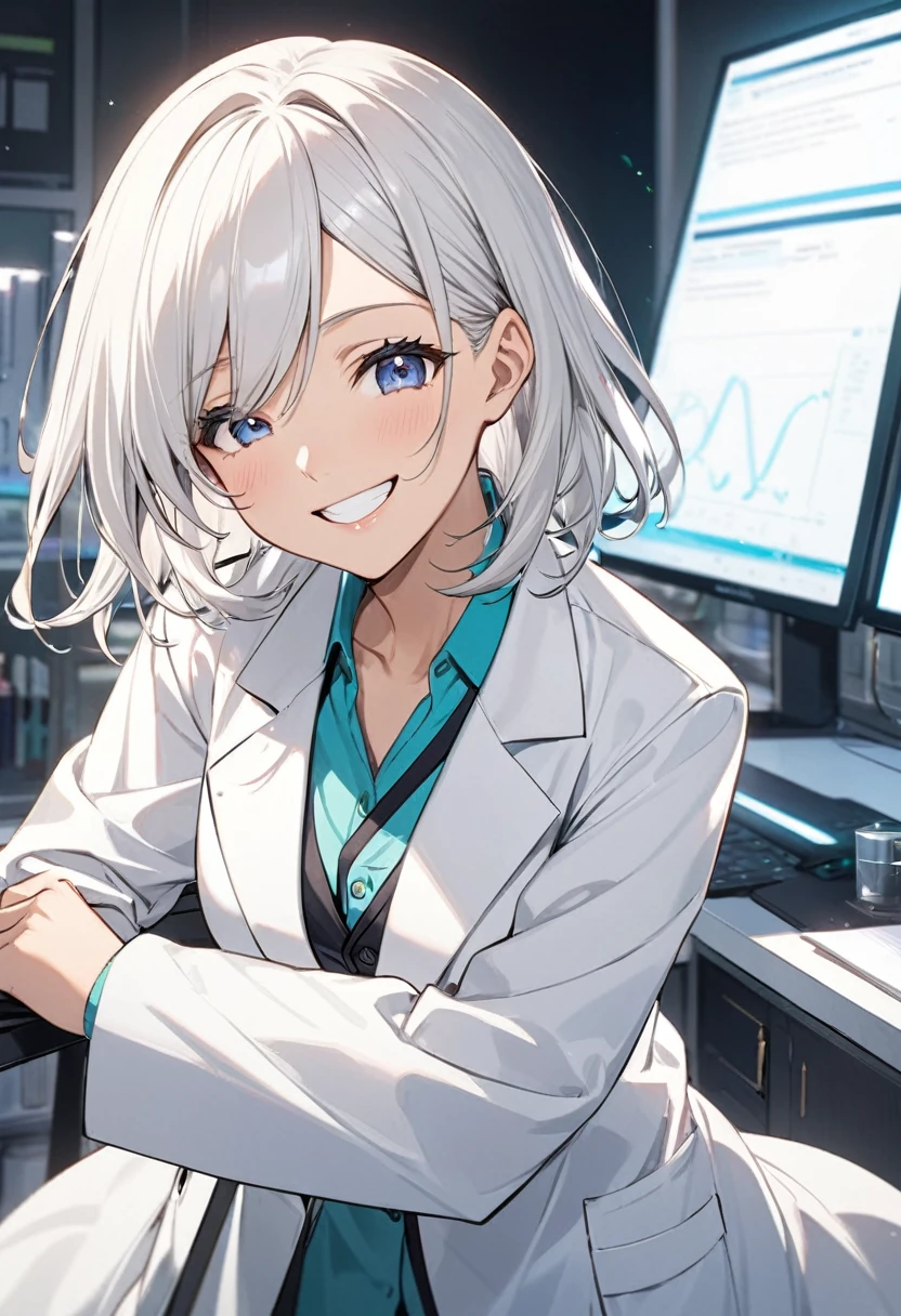 An anime scientist is wearing a white coat and grinning