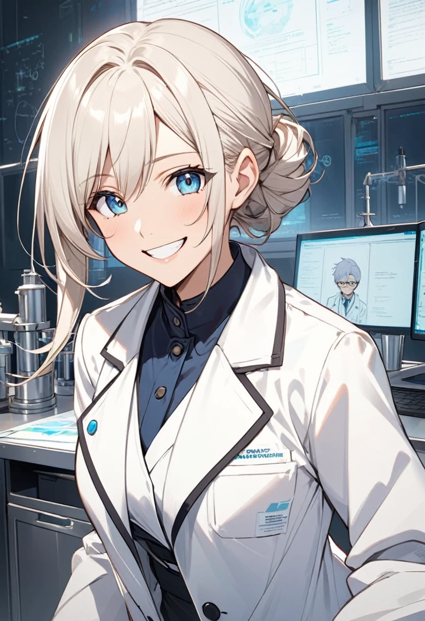 An anime scientist is wearing a white coat and grinning