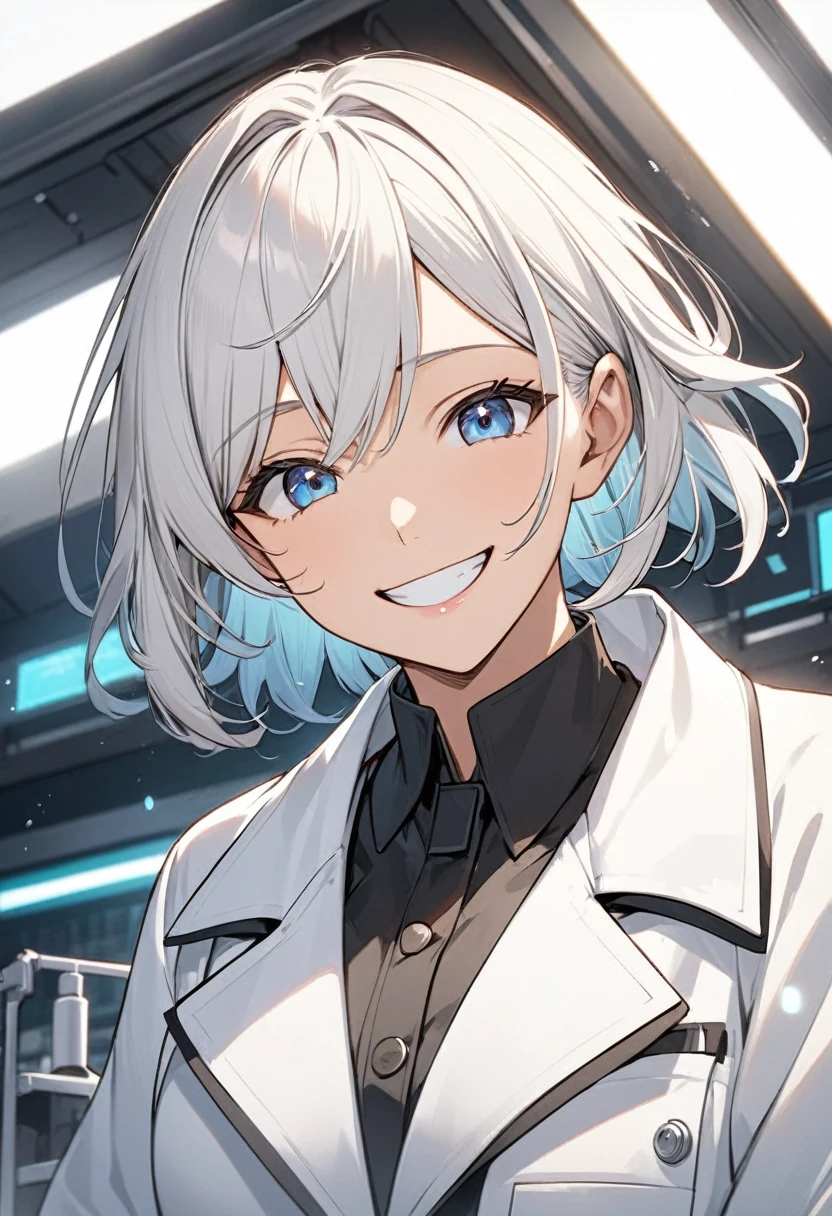 An anime scientist is wearing a white coat and grinning