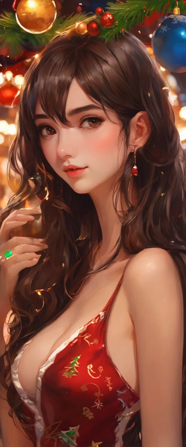 (masterpiece, Highest quality:1.2), One girl, alone, 20-year-old, Healthy Body, Medium Long Hair, Brown Hair, Big black eyes, Christmas Market