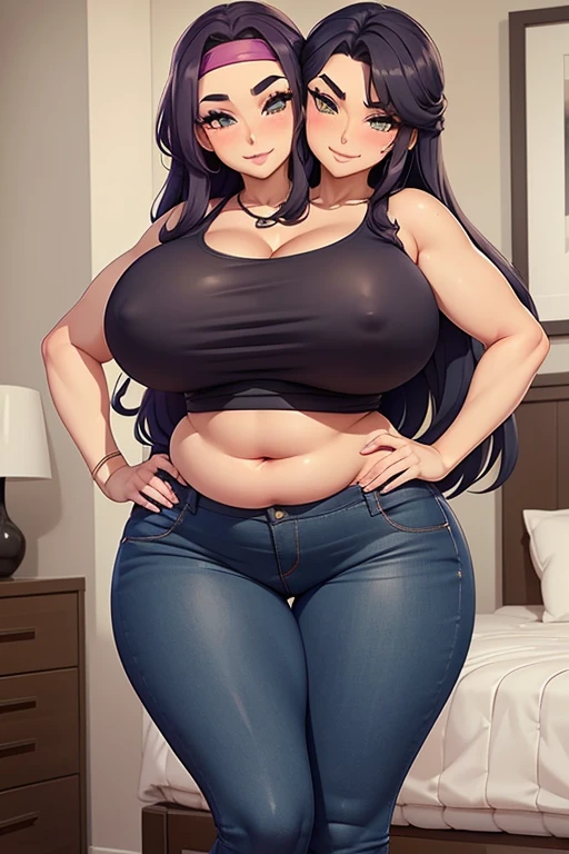 2 heads, a tall slightly chubby woman with 2 heads. In a bedroom. Wearing tight tank top, jeans. Mature. Long straight dark purple hair. Wearing bandana. Thick eyeliner. Thick eyebrows. Blushing. Cute. Happy. Smiling wide. Milf. Thick thighs. Enormous thighs. Thin waist. Wife. Seductive, sexy.