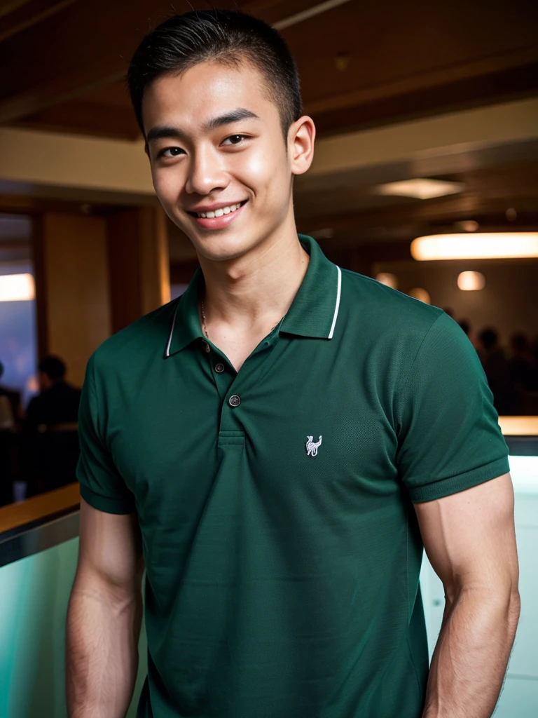 (best quality, 4K, 8K, high resolution, Masterpiece: 1.2), Special details, (realistically, As realistic as a photo, photo realistic: 1.37), Edge lighting, Extra detailed coloring, sharp focus, Physical rendering ,Extremely detailed description,professional,light color,Bokeh,Portrait,look at the viewer,
Young Asian man, 20 years old ,(Wear a dark green polo shirt.), smile