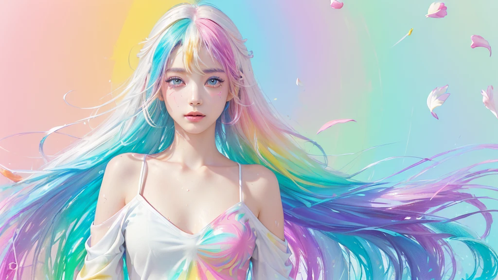 （Pink Fashion T-shirt：1.9），(Colorful hair: 1.8), (all the colours of the rainbow: 1.8),(((((vertical painting：1.6))), （painting：1.6），front, comics, illustrations, paintings, large eyes, crystal clear eyes,（ rainbow color gradient high ponytail：1.7）, exquisite makeup, closed mouth,(Small Fresh: 1.5),(Wipe Chest: 1.6) ，long eyelashes, white off shoulder T-shirt,  White Shoulder Shirt，looking at the audience, large watery eyes, (rainbow colored hair：1.6), color splash, （solo：1.8）, color splash, color explosion, thick paint style, messy lines, ((shining))，(colorful), (colorful), (colorful), colorful, Thick Paint Style, (Splash) (Color Splash), Vertical Painting, Upper Body, Paint Splash, Acrylic Pigment, Gradient, Paint, Highest Image Quality, Highest Quality, Masterpiece, Solo, Depth of Field, Face Paint,  colorful clothes, (Elegant: 1.2), gorgeous,long hair, wind, (Elegant: 1.3), (Petals: 1.4)，(((masterpiece))),(((best quality))),((ultra-detailed)),(illustration),(dynamic angle),((floating)),(paint),((disheveled hair)),(solo),(1girl) , (((detailed anima face))),((beautiful detailed face)),collar,bare shoulders,white hair, ((colorful hair)),((streaked hair)),beautiful detailed eyes,(Gradient color eyes),(((colorful eyes))),(((colorful background))),(((high saturation))),(((surrounded by colorful splashes))),all bodies, same colored back  grounds, Make the background bigger than the face, Mainly in the background, the face is small, I want the person to be on the right or left, angel image, Goddess, Goddess,sexy,soft,,fantastic,sparkling , The person is on the edge, l, moon floating behind her, fantastical night background.”, "Rainbow-colored beautiful girl descending onto Earth."