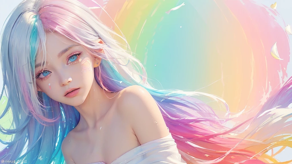 (Pink Fashion T-shirt:1.9),(Colorful hair: 1.8), (all the colours of the rainbow: 1.8),(((((vertical painting:1.6))), (painting:1.6),front, comics, illustrations, paintings, large eyes, crystal clear eyes,( rainbow color gradient high ponytail:1.7), exquisite makeup, closed mouth,(Small Fresh: 1.5),(Wipe Chest: 1.6) ,long eyelashes, white off shoulder T-shirt, White Shoulder Shirt,looking at the audience, large watery eyes, (rainbow colored hair:1.6), color splash, (solo:1.8), color splash, color explosion, thick paint style, messy lines, ((shining)),(colorful), (colorful), (colorful), colorful, Thick Paint Style, (Splash) (Color Splash), Vertical Painting, Upper Body, Paint Splash, Acrylic Pigment, Gradient, Paint, Highest Image Quality, Highest Quality, Masterpiece, Solo, Depth of Field, Face Paint, colorful clothes, (Elegant: 1.2), gorgeous,long hair, wind, (Elegant: 1.3), (Petals: 1.4),(((masterpiece))),(((best quality))),((ultra-detailed)),(illustration),(dynamic angle),((floating)),(paint),((disheveled hair)),(solo),(1girl) , (((detailed anima face))),((beautiful detailed face)),collar,bare shoulders,white hair, ((colorful hair)),((streaked hair)),beautiful detailed eyes,(Gradient color eyes),(((colorful eyes))),(((colorful background))),(((high saturation))),(((surrounded by colorful splashes))),all bodies, same colored back grounds, Make the background bigger than the face, Mainly in the background, the face is small, I want the person to be on the right or left, angel image, Goddess, Goddess,sexy,soft,,fantastic,sparkling , The person is on the edge, l, moon floating behind her, fantastical night background.”, "Rainbow-colored beautiful girl descending onto Earth."