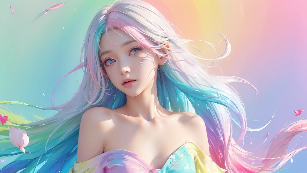 (Pink Fashion T-shirt:1.9),(Colorful hair: 1.8), (all the colours of the rainbow: 1.8),(((((vertical painting:1.6))), (painting:1.6),front, comics, illustrations, paintings, large eyes, crystal clear eyes,( rainbow color gradient high ponytail:1.7), exquisite makeup, closed mouth,(Small Fresh: 1.5),(Wipe Chest: 1.6) ,long eyelashes, white off shoulder T-shirt, White Shoulder Shirt,looking at the audience, large watery eyes, (rainbow colored hair:1.6), color splash, (solo:1.8), color splash, color explosion, thick paint style, messy lines, ((shining)),(colorful), (colorful), (colorful), colorful, Thick Paint Style, (Splash) (Color Splash), Vertical Painting, Upper Body, Paint Splash, Acrylic Pigment, Gradient, Paint, Highest Image Quality, Highest Quality, Masterpiece, Solo, Depth of Field, Face Paint, colorful clothes, (Elegant: 1.2), gorgeous,long hair, wind, (Elegant: 1.3), (Petals: 1.4),(((masterpiece))),(((best quality))),((ultra-detailed)),(illustration),(dynamic angle),((floating)),(paint),((disheveled hair)),(solo),(1girl) , (((detailed anima face))),((beautiful detailed face)),collar,bare shoulders,white hair, ((colorful hair)),((streaked hair)),beautiful detailed eyes,(Gradient color eyes),(((colorful eyes))),(((colorful background))),(((high saturation))),(((surrounded by colorful splashes))),all bodies, same colored back grounds, Make the background bigger than the face, Mainly in the background, the face is small, I want the person to be on the right or left, angel image, Goddess, Goddess,sexy,soft,,fantastic,sparkling , The person is on the edge, l, moon floating behind her, fantastical night background.”, "Rainbow-colored beautiful girl descending onto Earth."