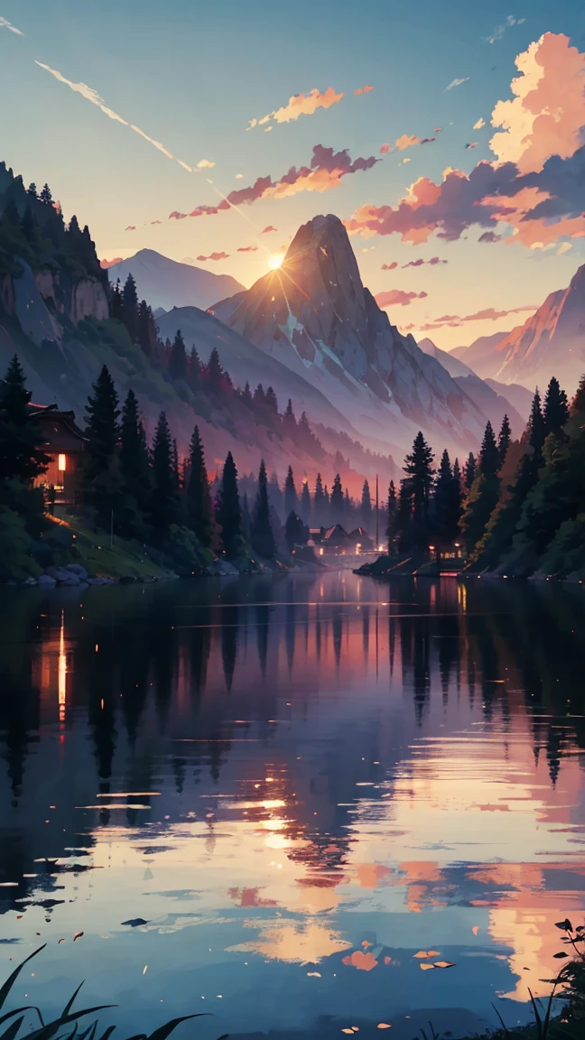 /imagine prompt: A Ghibli-style sunset landscape, serene lake reflecting the golden sun, surrounded by mystical mountains. Soft, magical lighting with a dreamy atmosphere, intricate hand-drawn details, hd quality, inspired by Princess Mononoke and Spirited Away, vibrant colors, gentle shadows, lush and ethereal environment --ar 16:9 --v 6.0
