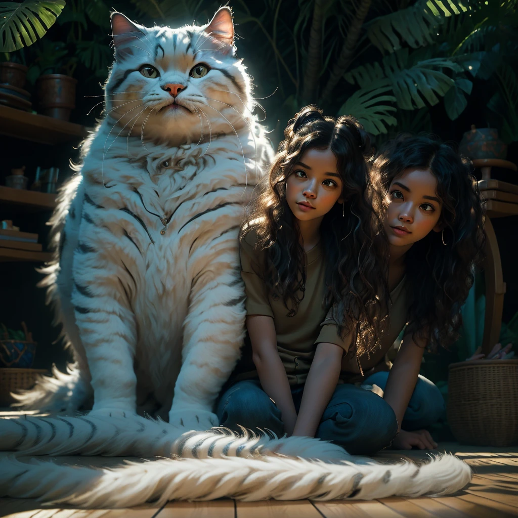 a girl exploring the rainforest with a giant cat, beautiful detailed eyes,beautiful detailed lips,extremely detailed eyes and face,longeyelashes, portrait, wildlife, lush tropical foliage, sunlight filtering through the trees, dramatic lighting, cinematic composition, realistic, photorealistic, photo-realistic:1.37, (best quality,8k,highres,masterpiece:1.2),ultra-detailed, vivid colors, dramatic lighting, cinematic composition