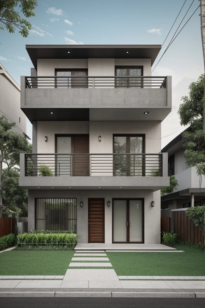 exterior of house, modern, townhouse in residential area, The house is located in an urban area of Hanoi Vietnam, wall concrete gray and wood, facing the road, plant and tree, sidewalks, sidewalk trees, corona render, 3ds max, wide view, overcast sky, a moody foggy environment, sunny cinematic, natural light