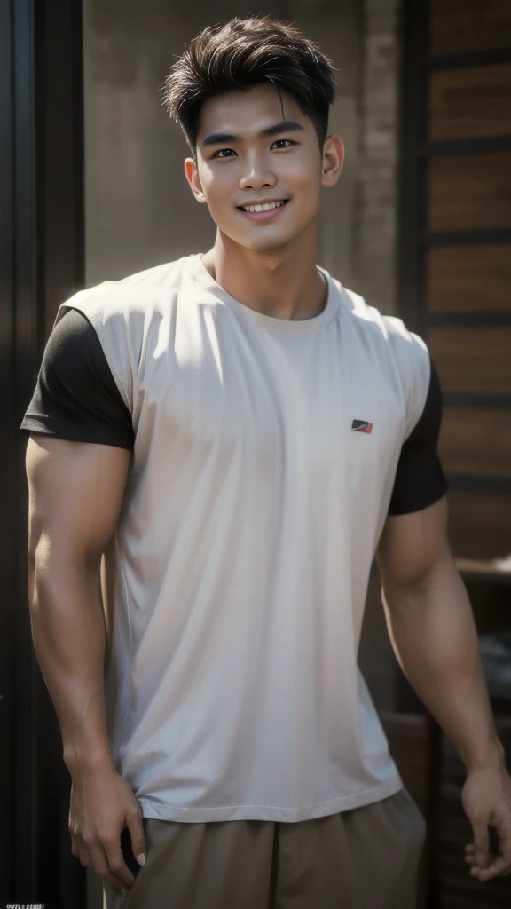 Thai man with short buzz cut hairstyle, handsome, muscular, big muscles, broad shoulders. Model wearing a black t-shirt, standing and smiling.