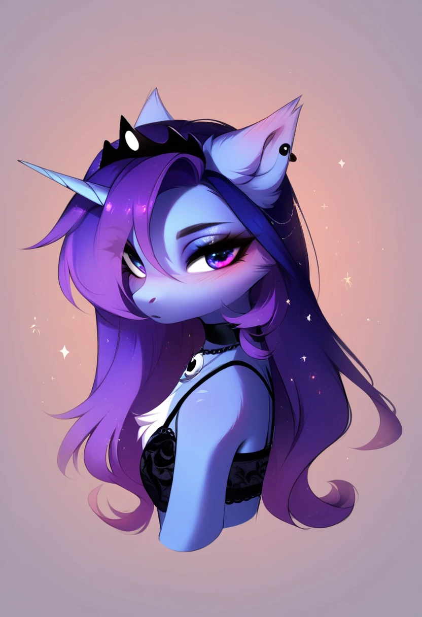 check_9, check_8_up, check_7_up, source_fluffy, rating_safe, from Magnaluna, Luna poses seductively in a gothic bedroom, antro, blushing, blue body, purple mane, black lingerie