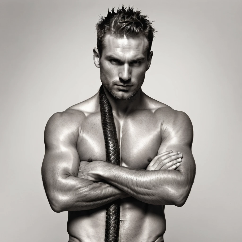 male torso, shirtless, fit, arms crossed, facing down, snake tails on head, photorealistic 