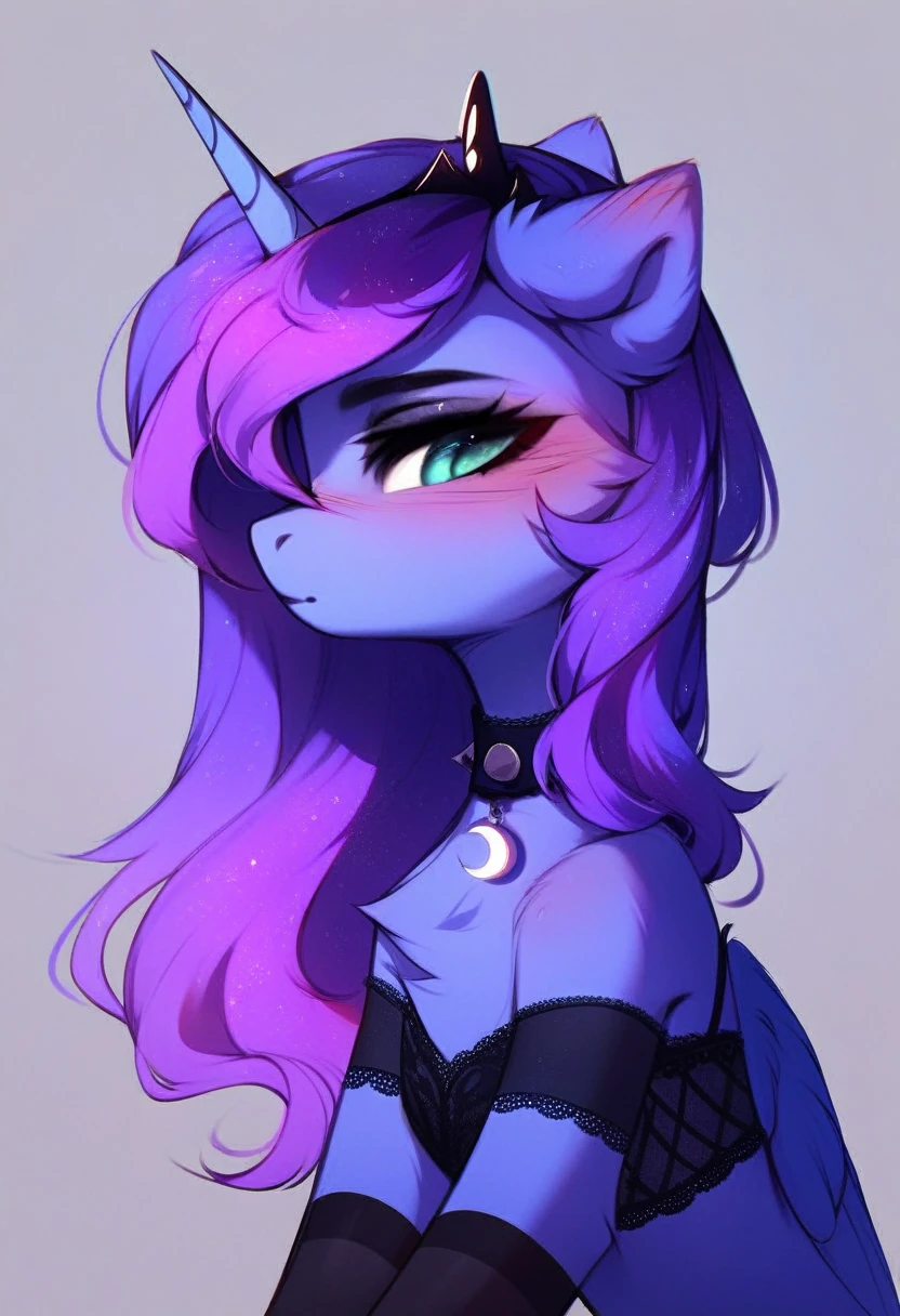 check_9, check_8_up, check_7_up, source_fluffy, rating_safe, from Magnaluna, Luna poses seductively in a gothic bedroom, antro, blushing, blue body, purple mane, black lingerie