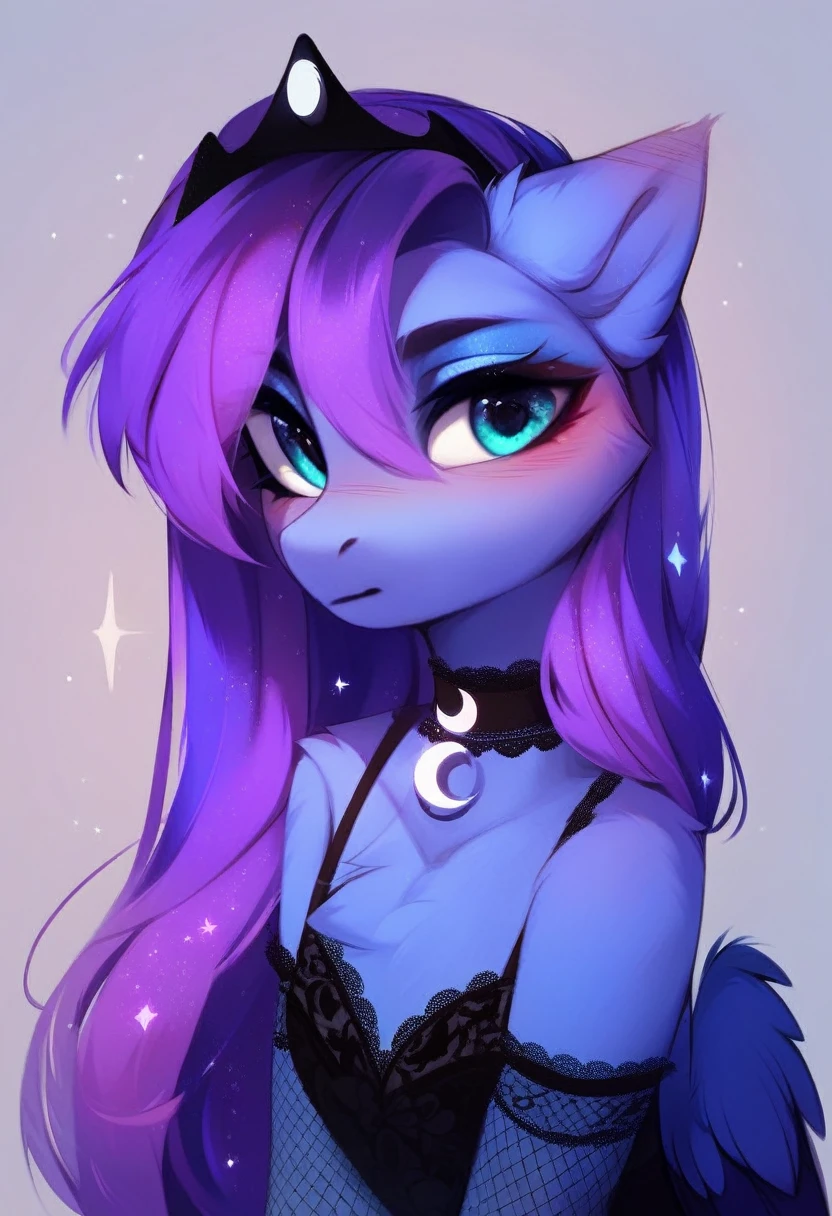 check_9, check_8_up, check_7_up, source_fluffy, rating_safe, from Magnaluna, Luna poses seductively in a gothic bedroom, antro, blushing, blue body, purple mane, black lingerie