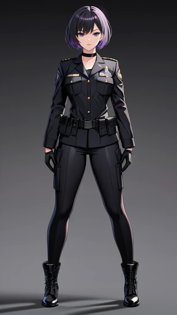 High-resolution anime digital art, Masterpiece, tomboy, mature, sexy, smart, short hair color pitch black, real detail eyes pupil purple, real anatomy body, wear gloves, black chokers, wear Black FBI uniform, Full Body, Alone, Full Body, intricate, hyper detailed, sharp focus, physically-based rendering, (black background:1.1)