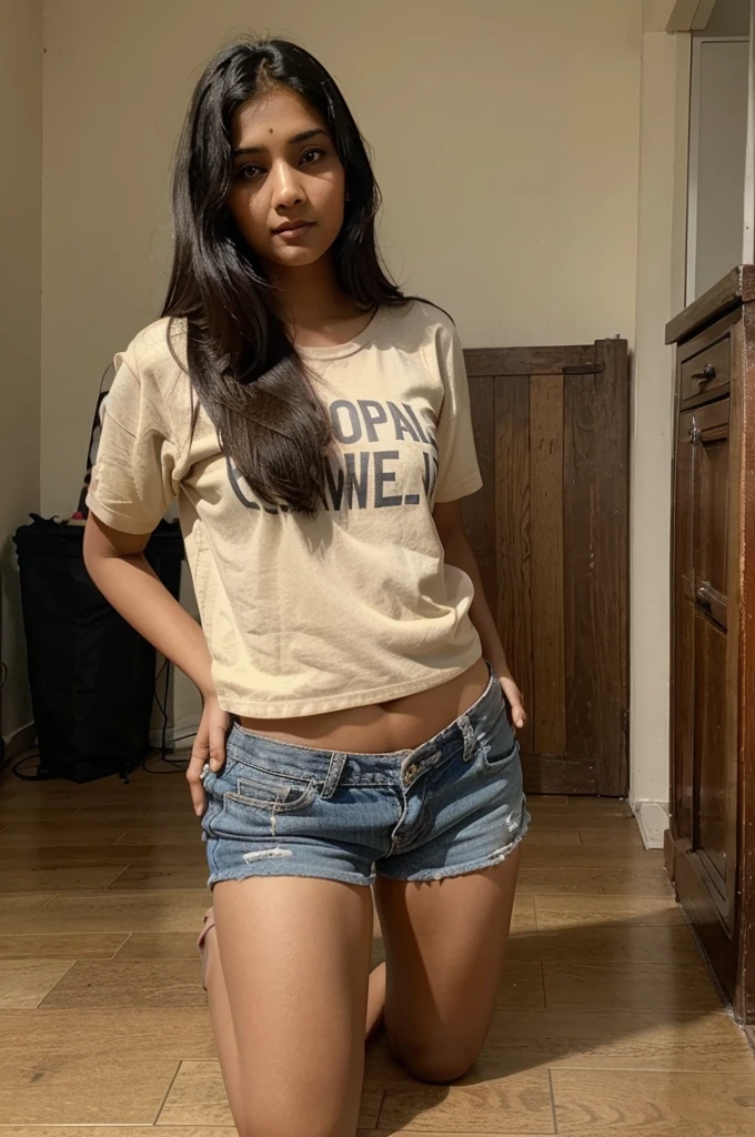 
Indian attractive girl, blonde black hair, brown eyes, 23yeas old, stand up on floor, 