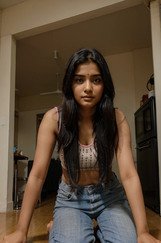 Indian attractive girl, blonde black hair, brown eyes, 23yeas old, stand up on floor,