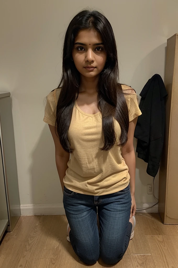 
Indian attractive girl, blonde black hair, brown eyes, 23yeas old, stand up on floor, 