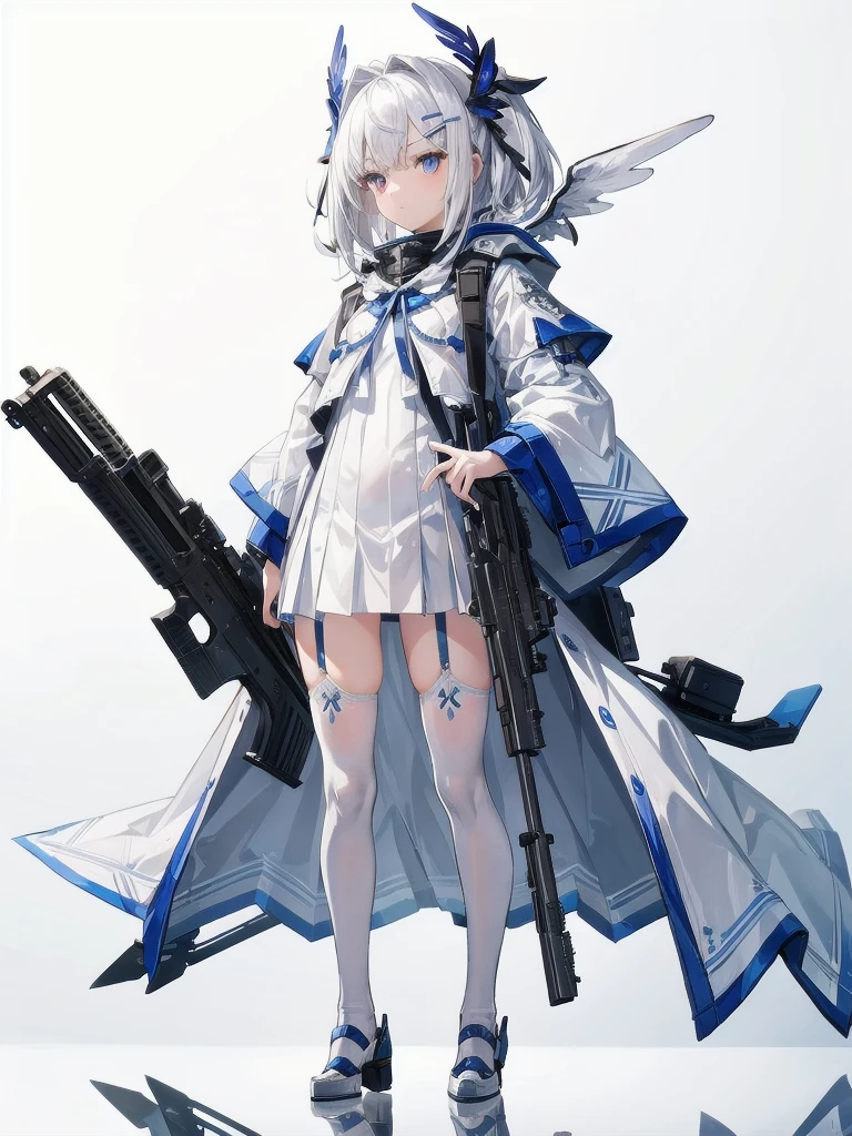 ((masterpiece, highest quality)), Detailed face, whole body, White background, Standing in the Wilderness,Very detailed, One girl,Small head wings,Medium hair,white_hair,Colored inner hair,Hair Clip,Swimwear,elongated pupils,Silver Eyes,Detailed and sophisticated,absurdes,深さ of field,Legwear with ribbon trim,reflection,White Theme、Has an anti-materiel rifle