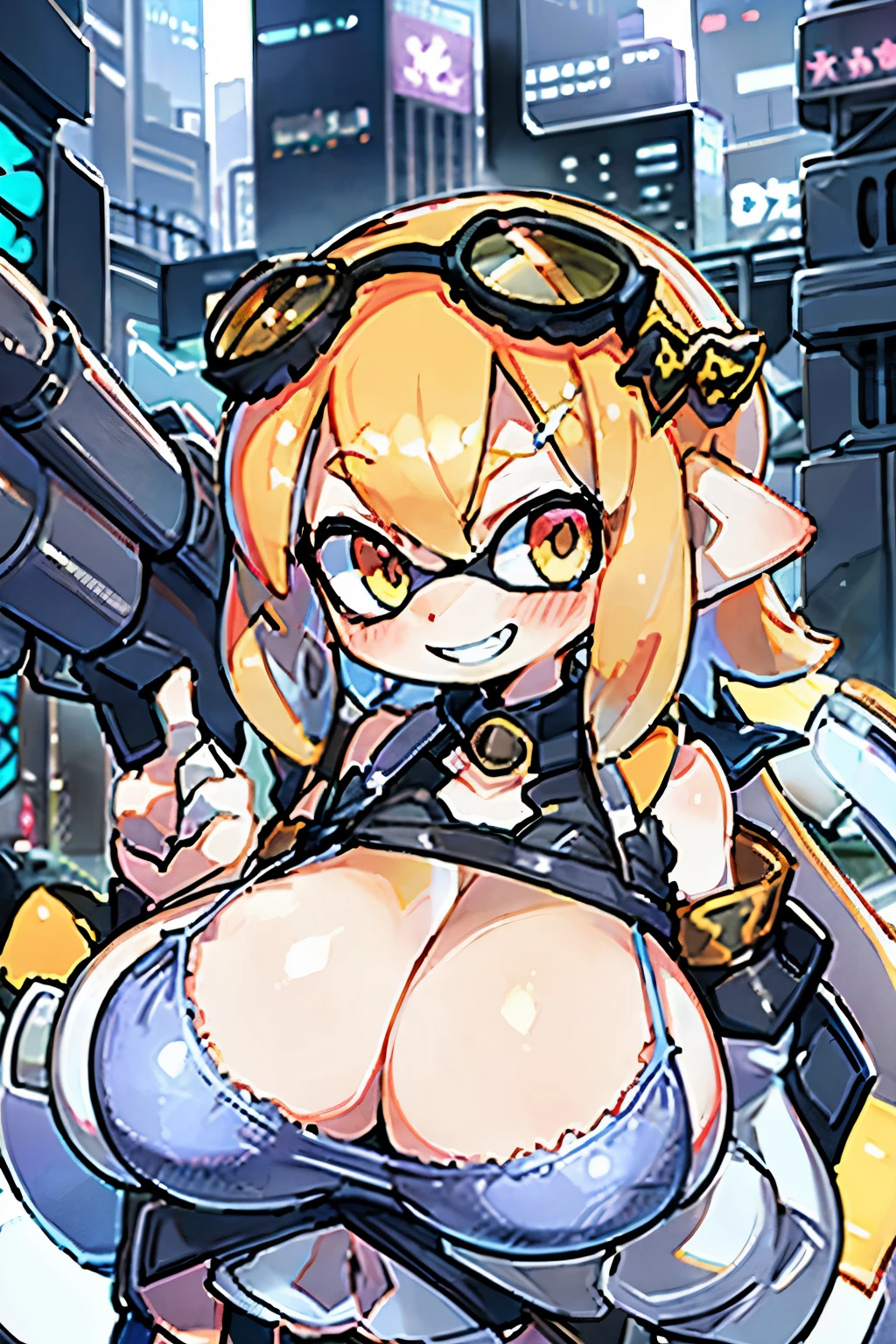 Tabletop, Highest quality, One Splatoon girl, ((whole body))、A slightly thinner face、Cute face、Sharp eyes, Golden Eyes、 smile, blush、Rocket Launcher、big round glasses,camisole、(Jagged teeth)、((gigantic breast、Cleavage))、City of Machines Background、Outdoor、