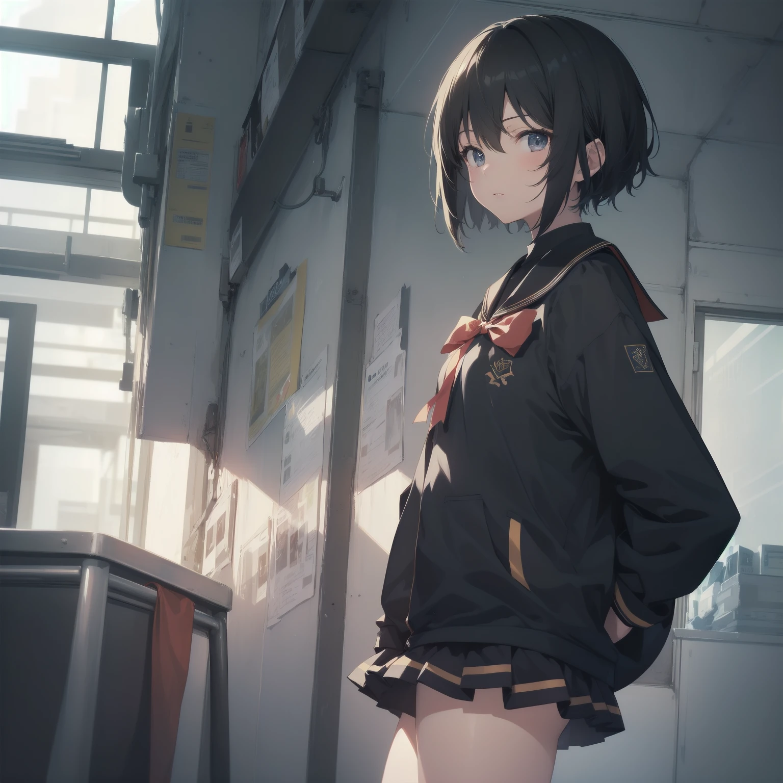 ultra-absurdres-Top quality by artist God, ultra-detailed, high resolution, anime moe artstyle, best anime 8k konachan wallpaper, pixiv contest winner, pool:2810, perfect anatomy,break, 1girl, (Please draw a girl walking sleepily to school alone. )break,(Solo,little female, 13-year-old:1.3),Full limbs, complete fingers,a junior high school student, (very short hair), short cut, flat chest, , small butt, small black eyes, beautiful detailed eyes, well-proportioned iris and pupils, expressive eyes, highres detailed hair, soft expression, salor school_uniform, sailor collar, serahuku, bow, pleated skirt,(Detailed Lighting), (Detailed background), in the School commute route. break,super detailed skin, Best cinematic lighting powered by famous artist, 8k,beauty illustration,photoshop_(medium),very aesthetic,break,((artist:mizuki_makoto )), artist:clamp ,artist:carnelian ,artist:kantoku ,