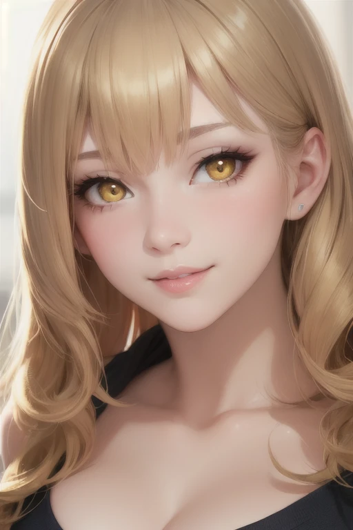 girl,Character design sheet,Beautiful attention to detail,Beautiful lip detail,Highly detailed eyes and face,Long eyelashes, Like an oil painting, art, Super detailed,Professional,Vibrant colors,Portraiture,Studio Lighting,Wide Focus,Physically Based Rendering,High resolution,超High resolution. Yellow Eyes, Curly hair,Shining blonde,smile,Fluttering Hair、Large Breasts、Renaissance、