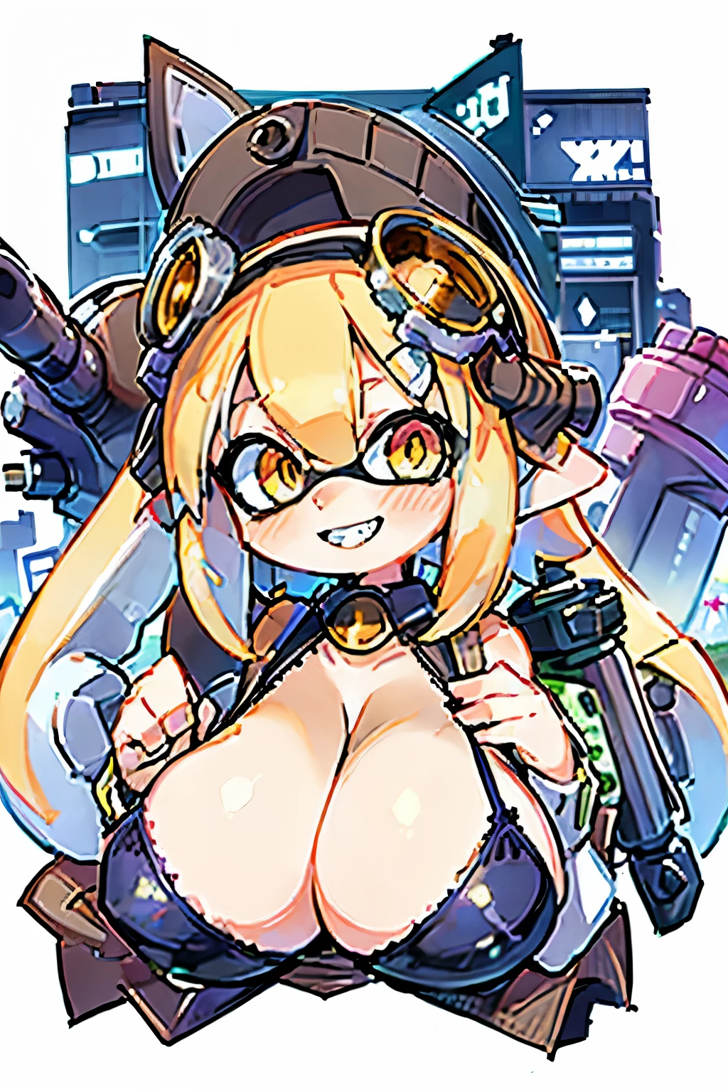 Tabletop, Highest quality, One Splatoon girl, ((whole body))、A slightly thinner face、Cute face、Sharp eyes, Golden Eyes、 smile, blush、Rocket Launcher、big round glasses,camisole、(Jagged teeth)、((gigantic breast、Cleavage))、City of Machines Background、Outdoor、