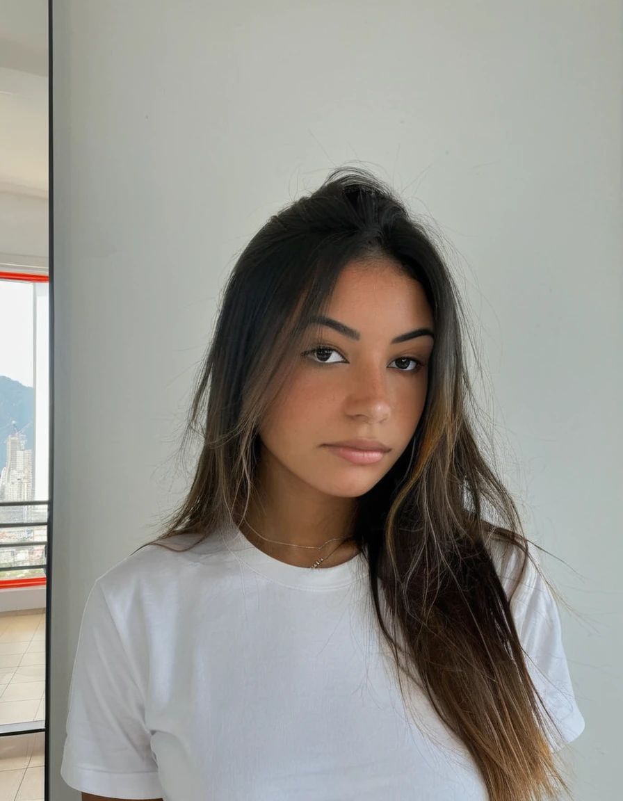 Un portrait photoréaliste d'une jeune fille colombienne de 21 ans avec de courts cheveux noirs et fluides et des yeux noisette et saisissants. Elle doit avoir une expression naturelle. L'arrière-plan doit être un cadre intérieur, peut-être une chambre ou un salon. Capturez cette image avec une photographie en haute résolution utilisant un objectif de 85 mm pour une perspective flatteuse.