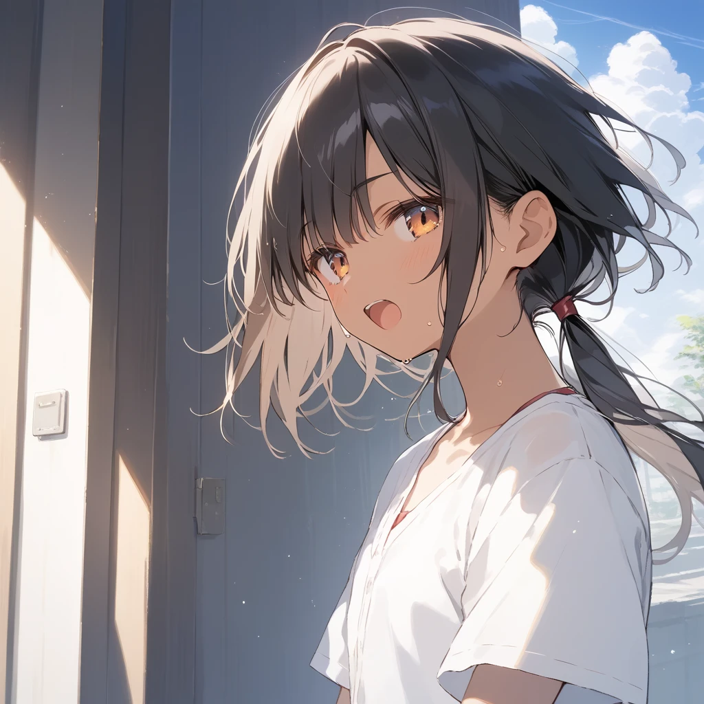 score_9, score_8_up, score_7_up, source_anime, best quality, masterpiece, official art, absurdres, highres, ultra-detailed,waifu2x,Collection: Slice of Life,break,1girl, tomboy, dark-skinned female, short hair, low ponytail, flat chest, beautiful detailed eyes, short shorts, sweat, open mouth, (yawn:0.3), sleepily, outdoors, wind,break,(clear line illustration:1.2), super detailed skin,very high resolution, very aesthetic, Best sexual lighting powered by famous artist, 8k,cute picture,beauty illustration,photoshop_(medium),,(Detailed Lighting),best anime 8k konachan wallpaper, pixiv contest winner,