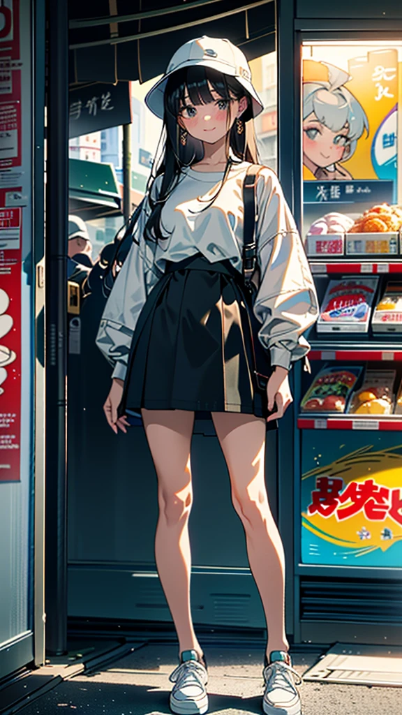 (8K, RAW Photos, 最high quality, masterpiece:1.2), high qualityのRAWカラー写真, Professional photo shoot, Cinematic Light, alone, (((young woman, Gal))), (Sharp features), (Small face), (Skin with attention to detail:1.2), clavicle, Cute face, Beautiful appearance, Long eyelashes,Girl Turning Around, smile, (Black Hair, Long straight line),  Oversized jersey, Wide slacks, sneakers, Backpack,  Night Park, Confident attitude, Capture the happy moment, Artistic painting,Attractive thighs, (Very nice touch:1.2),はにかんだsmile), Peaceful atmosphere, Oil painting style, Bright colors, (Are standing:1.5, Inside a convenience store, Full body portrait), Smooth texture, Gazing Eyes, Beautiful Skin, Shiny skin, ((Perfect Fingers, Five Fingers, Anatomically correct)), Background Blur, high quality, Surreal, ((Very detailed, photo shoot)),Many people々々、blush、plump、Wear a deep-set bucket hat、Close up portrait of beautiful girl's face