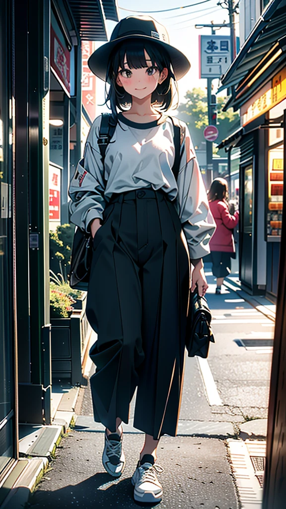 (8K, RAW Photos, 最high quality, masterpiece:1.2), high qualityのRAWカラー写真, Professional photo shoot, Cinematic Light, alone, (((young woman, Gal))), (Sharp features), (Small face), (Skin with attention to detail:1.2), clavicle, Cute face, Beautiful appearance, Long eyelashes,Girl Turning Around, smile, (Black Hair, Long straight line), Oversized jersey, Wide slacks, sneakers, Backpack, Night Park, Confident attitude, Capture the happy moment, Artistic painting,Attractive thighs, (Very nice touch:1.2),はにかんだsmile), Peaceful atmosphere, Oil painting style, Bright colors, (Are standing:1.5, Inside a convenience store, Full body portrait), Smooth texture, Gazing Eyes, Beautiful Skin, Shiny skin, ((Perfect Fingers, Five Fingers, Anatomically correct)), Background Blur, high quality, Surreal, ((Very detailed, photo shoot)),Many people々々、blush、plump、Wear a deep-set bucket hat、Close up portrait of beautiful girl's face