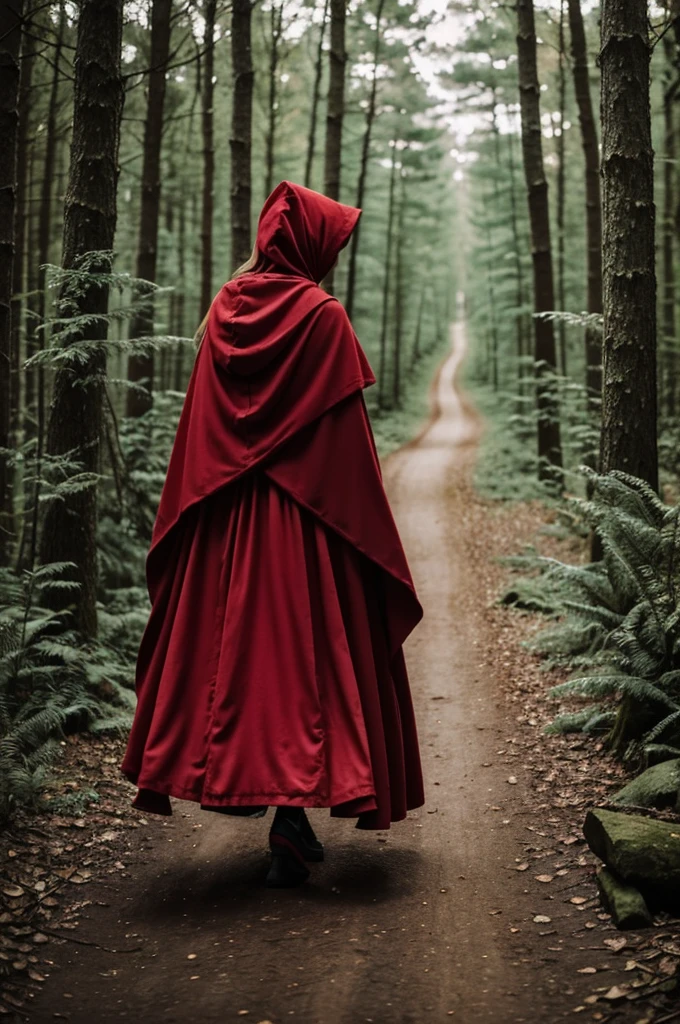 Draw Little Red Riding Hood walking through the forest to her grandmother's house