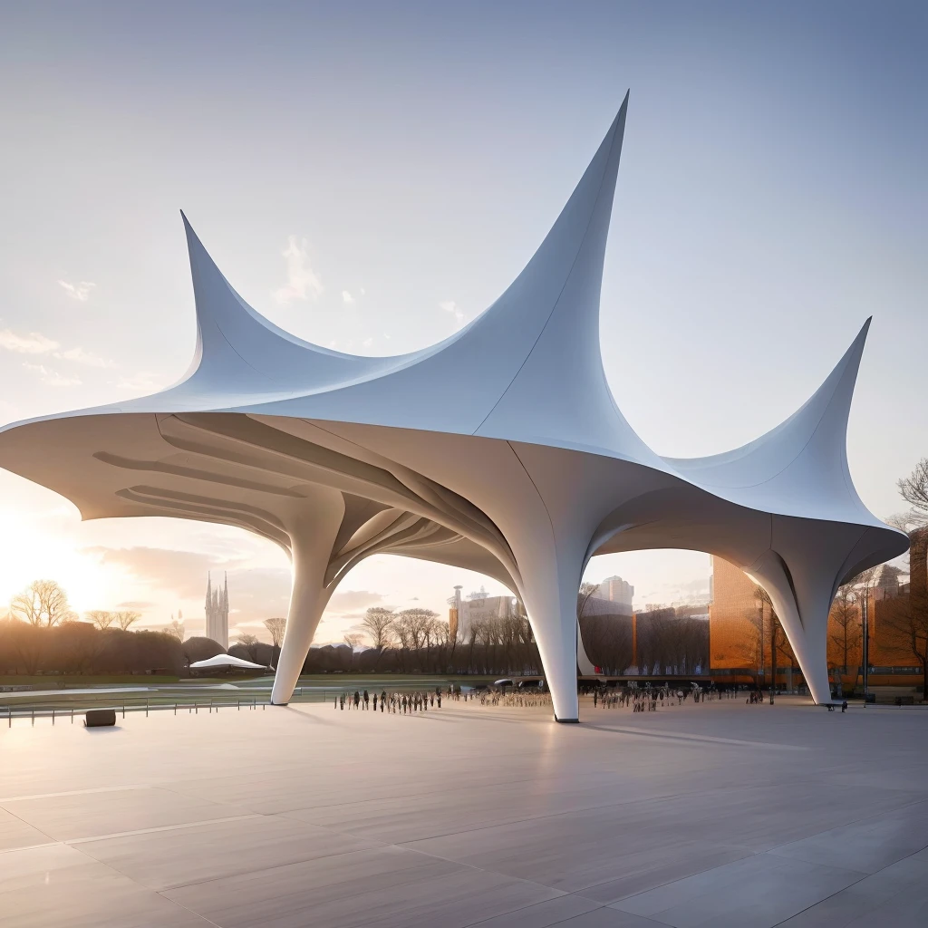 There is a huge white building,There is a huge roof on top, tent architecture, pavilion, in style of Zaha Hadid architect, Web portals. Zaha Hadid, Zaha Hadid architecture, Zaha Hadid style architecture, Covered outdoor stage, Futuristic structure, Futuristic Church, author:Zaha Hadid, The weather is calm, Grand design, foster and partners, Awesome Award Winning, architecture Zaha Hadid