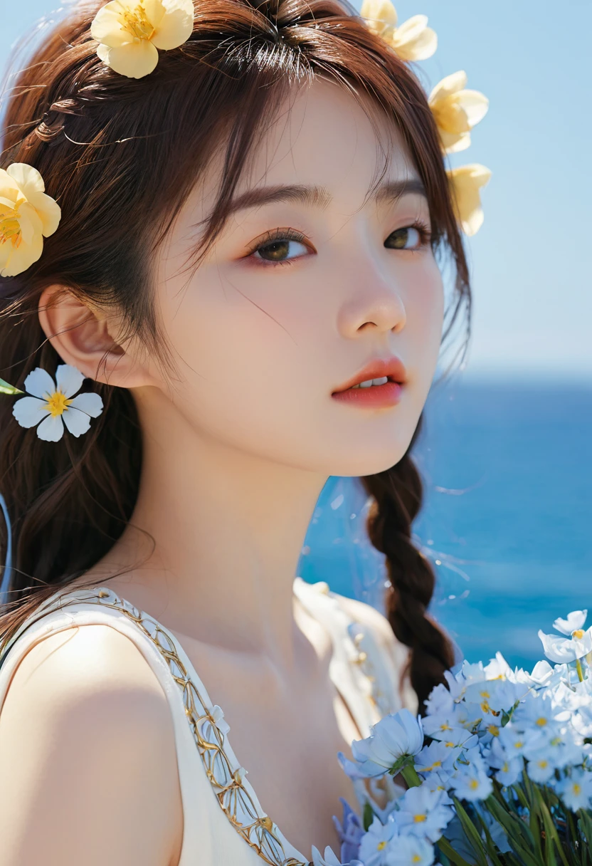 (Extremely detailed CG unity 8k wallpaper), light, sea of Flowers, Flowers, 1 Girl, Upper Body, Korean Idol,