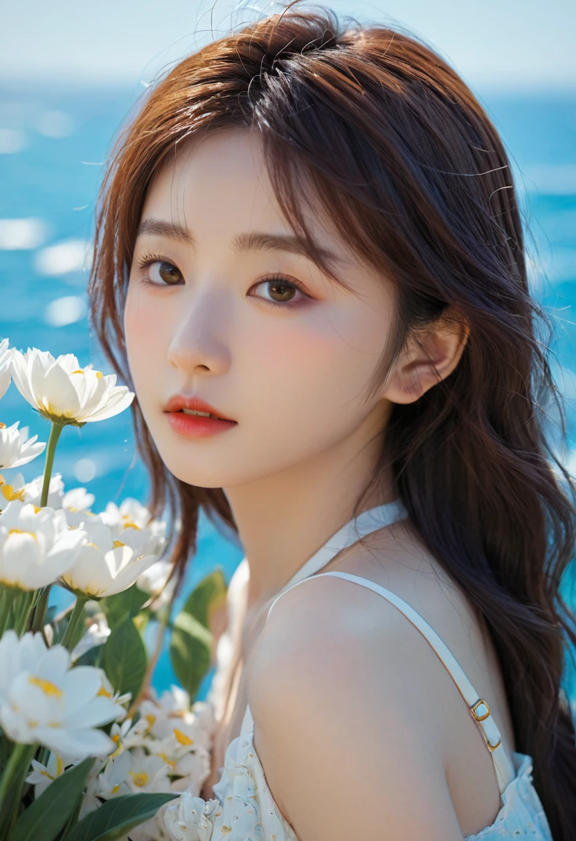 (Extremely detailed CG unity 8k wallpaper), light, sea of Flowers, Flowers, 1 Girl, Upper Body, Korean Idol,