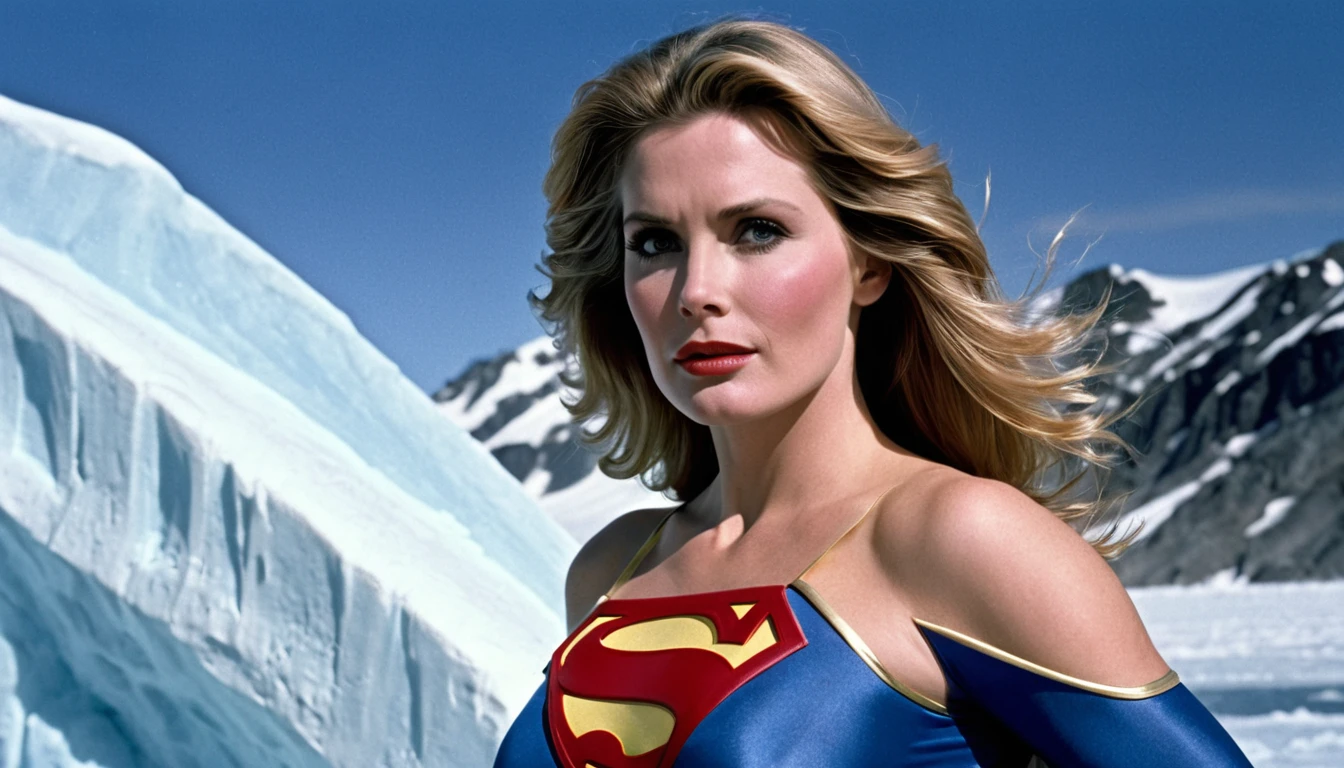 Fortress of Solitude(DC Comic place); (south pole) place; strong Julie Hagerty Supergirl 1984s take off; big and strong breasts. HD. Photograph, ((realism)), extremely high quality RAW photograph, ultra detailed photograph, sharp focus, high resolution, (detailed skin:1,3),high quality, film grain, Fujifilm XT3,Highly Detailed, movie, (Cinematic Photo:1.3) of (Realistic:1.3)