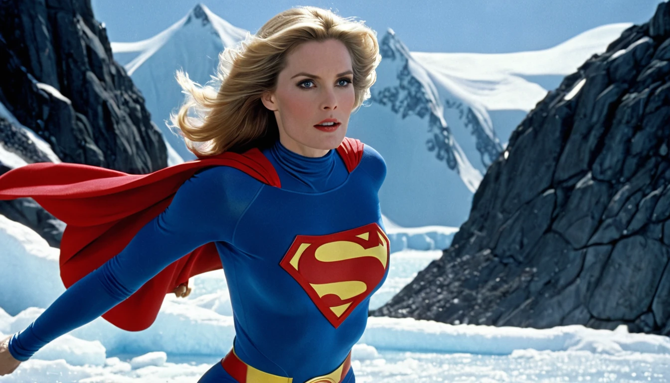 Fortress of Solitude(DC Comic place);  (south pole) place; strong Julie Hagerty Supergirl 1984s take off; big and strong breasts. HD. Photograph, ((realism)), extremely high quality RAW photograph, ultra detailed photograph, sharp focus, high resolution, (detailed skin:1,3),high quality, film grain, Fujifilm XT3,Highly Detailed, movie, (Cinematic Photo:1.3) of (Realistic:1.3)