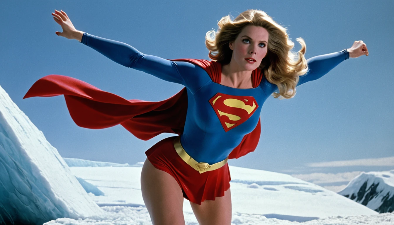 Fortress of Solitude(DC Comic place); (south pole) place; strong Julie Hagerty Supergirl 1984s take off; big and strong breasts. HD. Photograph, ((realism)), extremely high quality RAW photograph, ultra detailed photograph, sharp focus, high resolution, (detailed skin:1,3),high quality, film grain, Fujifilm XT3,Highly Detailed, movie, (Cinematic Photo:1.3) of (Realistic:1.3)