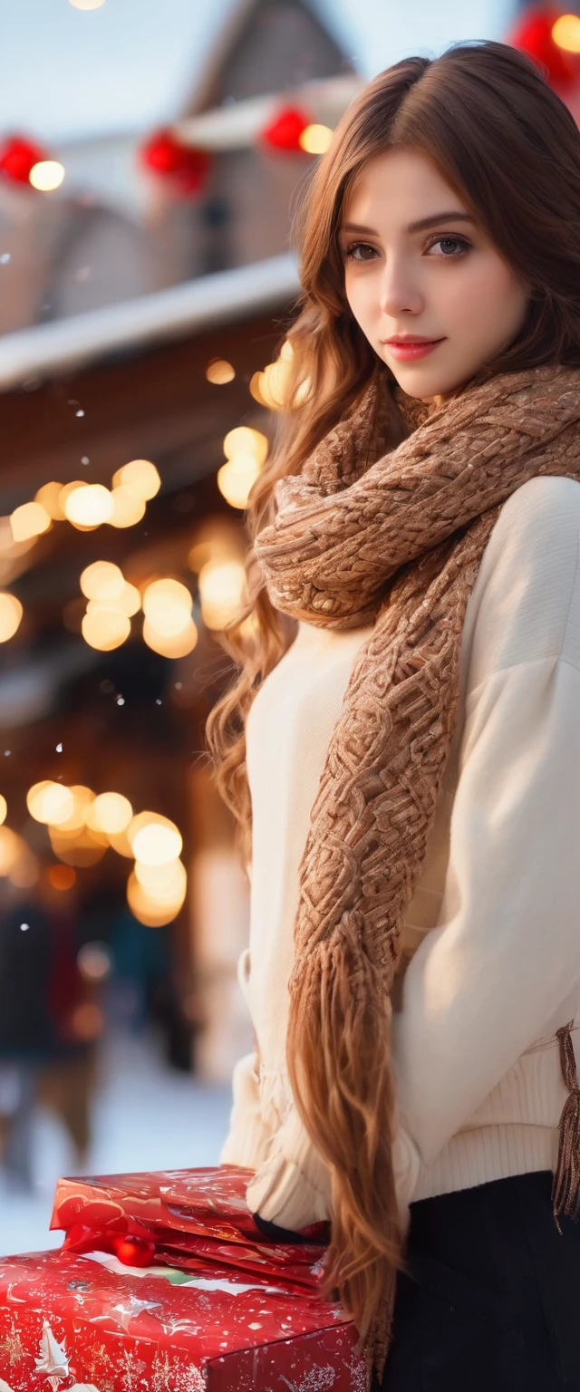 (masterpiece, Highest quality:1.2), One girl, alone, 20-year-old, Healthy Body, Medium Long Hair, Brown Hair, Big black eyes, Christmas Market, White scarf