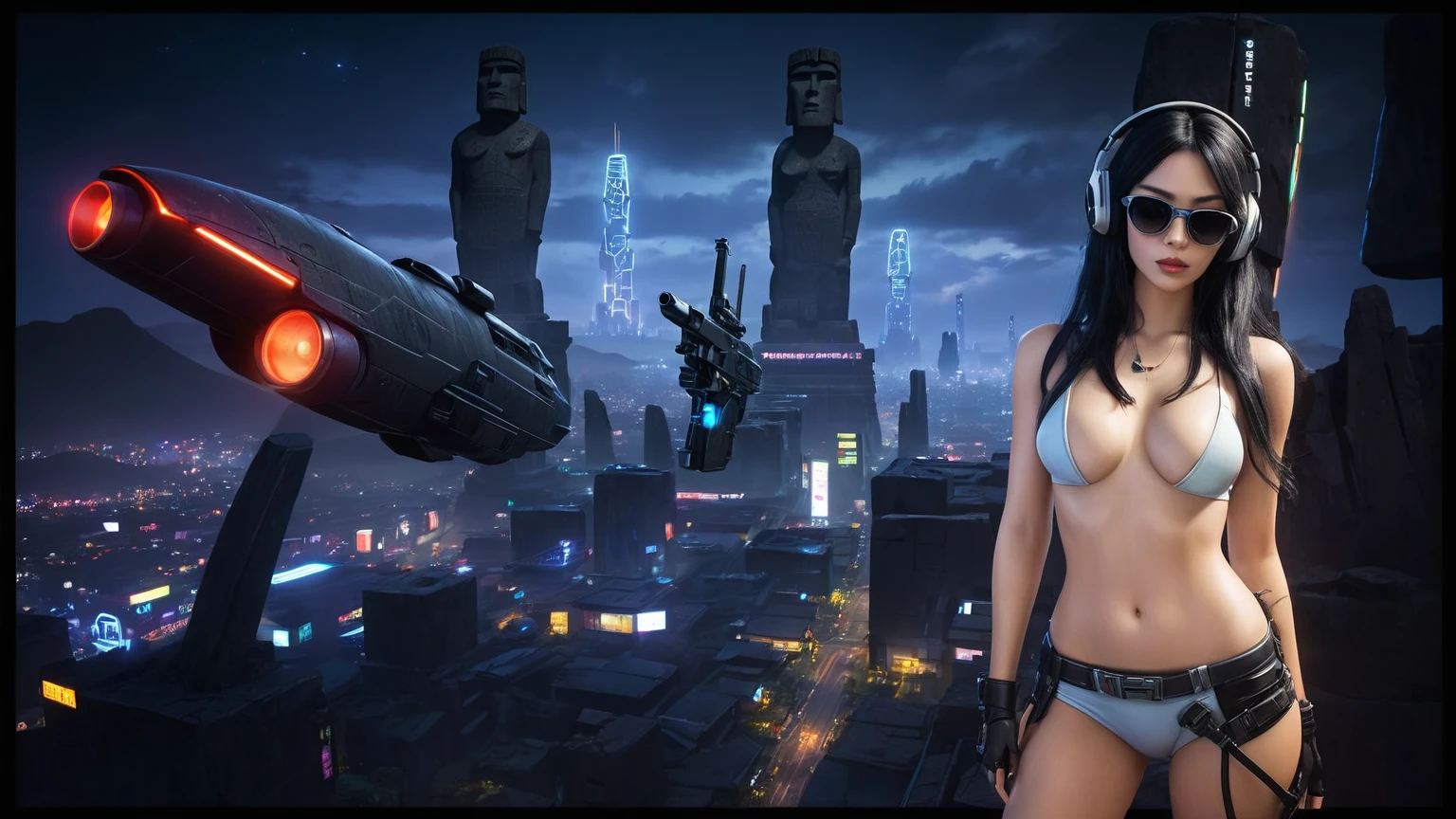 At night, dark sky, distant shot aerial view of fantasy cyberpunk style ((Moai-statue)) city, ((flying vehicle)). ((1girl, solo, alone)), medium-breast:1.1 slim body, cleavage, sexy clothes, (headphone, black sunglasses, long black realistic hair), (((hip-up standing and holding pistol))), half-body thigh level medium shot, cinematic lighting.