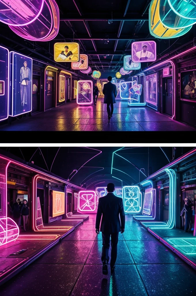 Cyber photo album: A person walks among holograms of old photos that float in the air around him. Each hologram shows a scene from the past with a futuristic touch, such as family parties with neon decorations and historical events with technological elements.