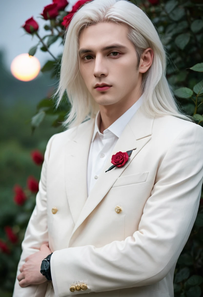 masterpiece, highest quality, (solo focus), (perfect face:1.1), (high detail:1.1), (hyper detailed eyes), dramatic, a guy with pale skin and long voluminous white hair, white eyes, solo, long hair, Sephiroth, moon, night, white luxury suit, covered navel, pouty lips, fur, arrogant expression, Rose Garden, detailed background, art by artgerm, cinematic lighting, roses, fashion, BalenciagaStyle