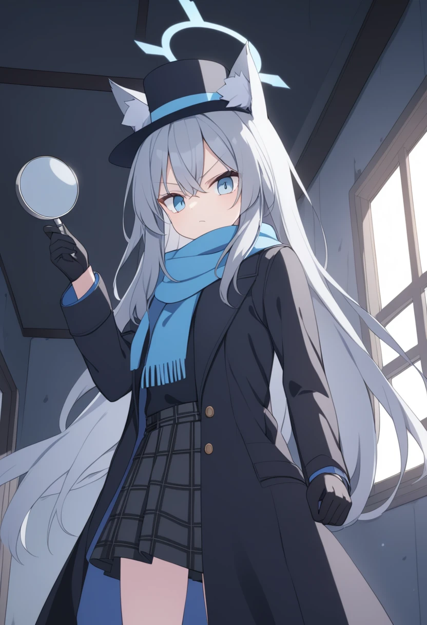 girl，Silver long hair, blue eyes, Wearing a black trench coat,A sky blue scarf, Black gloves, And black plaid skirt, In an empty house，Serious expression, blue halo，Black top hat，Gray wolf ears，Hand holding a magnifying glass