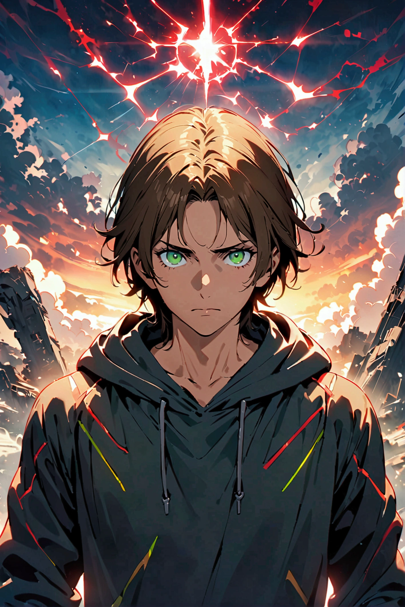 One man with long brown hair,(Ellen Yeager)Ellen Yeager,Green Eyes,Attack on Titan,Wearing a dark grey hoodie,Wide range of colors,artwork,rendering,(masterpiece:1.3),(Highest quality:1.4),(Very detailedな:1.5),High resolution,Very detailed,unity 8k wallpaper,Decadent,Achieve smooth design