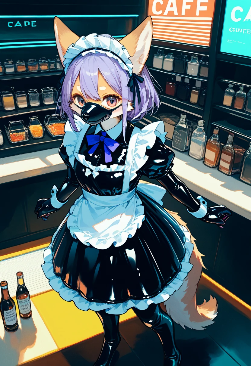 Highest quality, Highest quality, High quality illustrations, masterpiece, Ultra-high resolution, Detailed Background, maid Cafe, Bottle, Absurd, Perfect Anatomy, performance, Good lighting, Shadows in the movies(kemono, Furry Personifi猫ion), Rubber suit, Rubber suit, latex, neon, neonライト, neonカラー, Purple Rubber Maid Outfit, ribbon, Rubber mask, From above